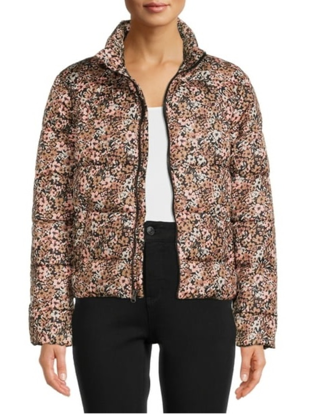 Time and Tru Floral Quilted Cropped Puffer Jacket Size S